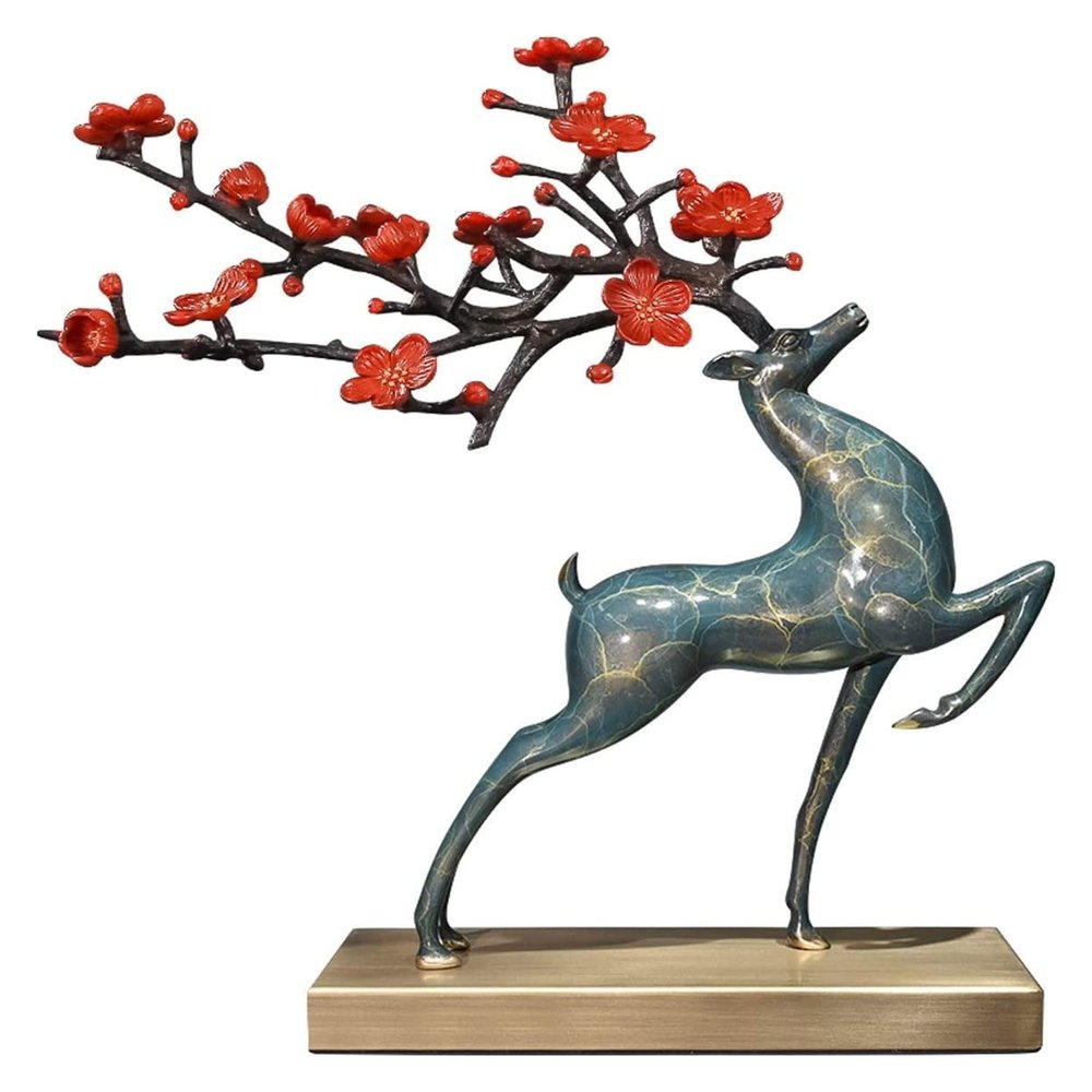ALDEPO Sculpture Tabletop Copper Deer Decoration Living Room Entrance Cabinet Lucky Brass Deer Statue Ornament New Chinese