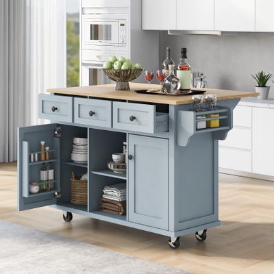 Rolling Kitchen Island with Spice Rack,Towel Rack and Extensible Solid Wood Table Top,Utility Portable Multi-Storage Cart on Wheels,Serving Bar Cart for Kitchen,Dining Room-Grey Blue