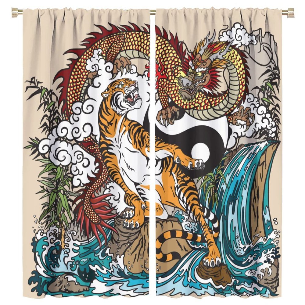 Asian Decorative Curtains, Chinese Dragon and Tiger Mountain Waterfall Yin Yang Symbol Watercolor Style, Boy Teen Bedroom Living Room Curtains, 2 Panels, 63 X 72 Inches.