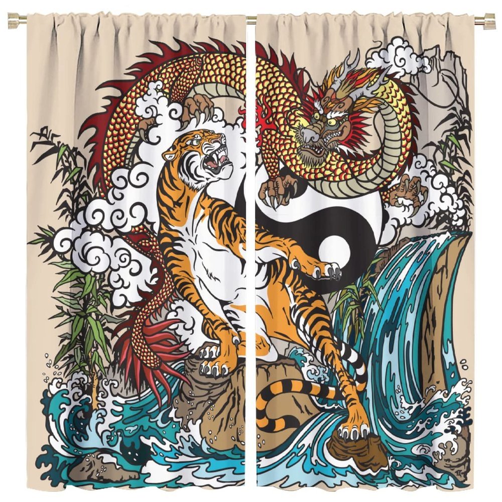 Asian Decorative Curtains, Chinese Dragon and Tiger Mountain Waterfall Yin Yang Symbol Watercolor Style, Boy Teen Bedroom Living Room Curtains, 2 Panels, 84 X 84 Inches.