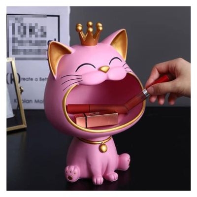 ALDEPO Sculpture Tabletop Big Mouth Cat Fortune Lucky Cat Storage Box Decoration Ornamental Resin Art Sculpture Figurines dcor Gift Decorative (Color : Pink)
