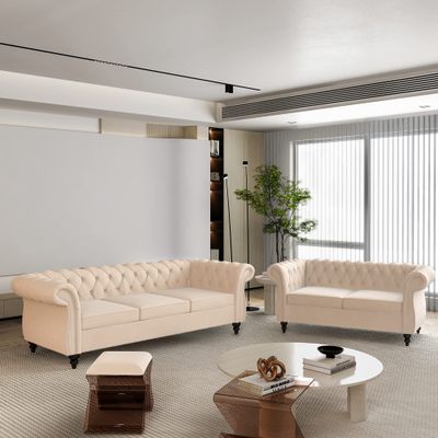 AVZEAR 2-Piece Living Room Sectional Sofa Set, Upholstered Sofa Modern Sofa Couches Set Style Button Tufted, Velvet Chesterfield Sofa for Living Room Apartment, 2+3 Seat Beige