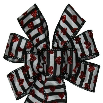 1 Pcs Small 5-6" Hand Made Red Glitter Hearts on Black Stripe Wreath Bow Valentine's