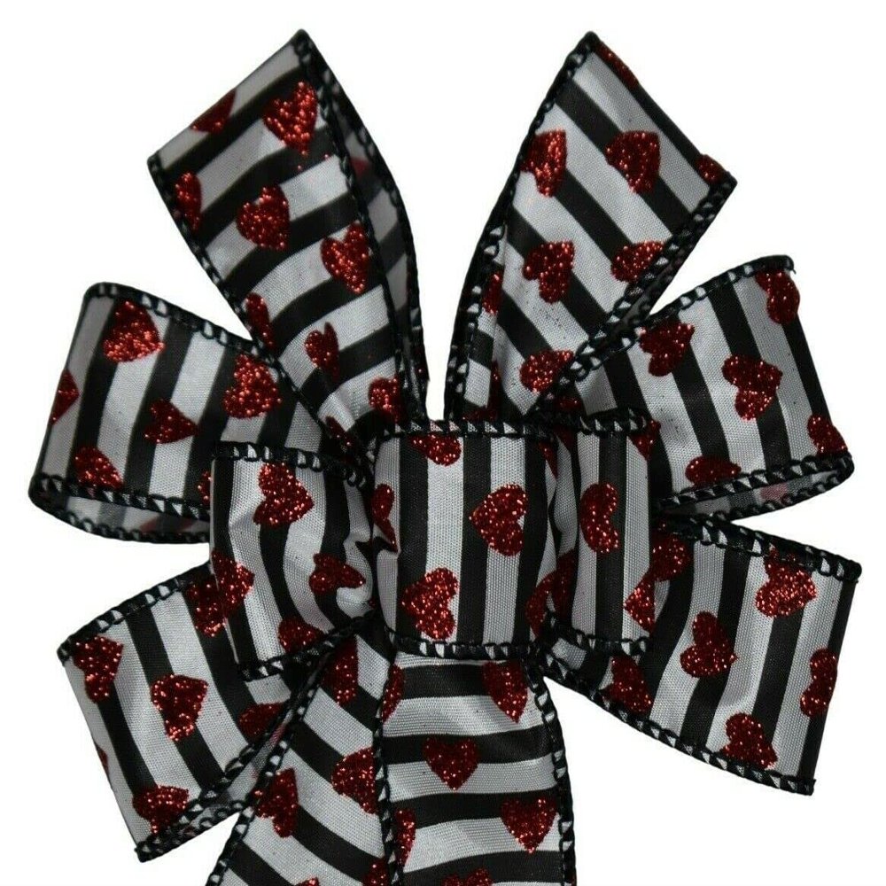 1 Pcs Small 5-6" Hand Made Red Glitter Hearts on Black Stripe Wreath Bow Valentine's