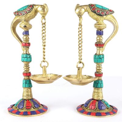 Devyom Brass 7.5 Inches Samaideep, Oil Lamp, Diya Hanging from Beak of Parrot, Kuthu Vilakku, Home Decor, Smai Deep (Stone Finish)