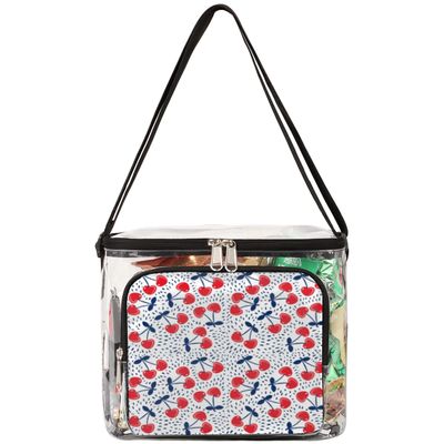 bisibuy Cherry Print Clear Lunch Bag Stadium Approved PVC Plastic See Through Lunch box with Adjustable Strap for Sports Events Concerts Office