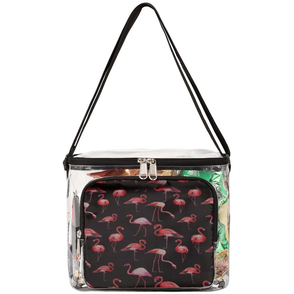 bisibuy Birds Flamingo Clear Lunch Bag Stadium Approved PVC Plastic See Through Lunch box with Adjustable Strap for Sports Events Concerts Office