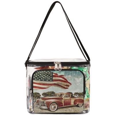 bisibuy 4th Of July American Flag Vintage Car Clear Lunch Bag Stadium Approved PVC Plastic See Through Lunch box with Adjustable Strap for Sports Events Concerts Office
