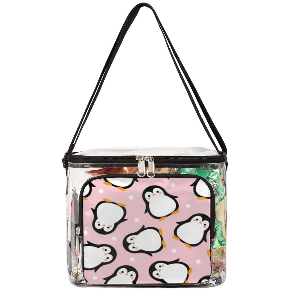 bisibuy Cute Penguin Clear Lunch Bag Stadium Approved PVC Plastic See Through Lunch box with Adjustable Strap for Sports Events Concerts Office