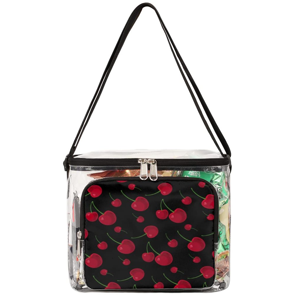 bisibuy Fruit Cherry Printing Clear Lunch Bag Stadium Approved PVC Plastic See Through Lunch box with Adjustable Strap for Sports Events Concerts Office