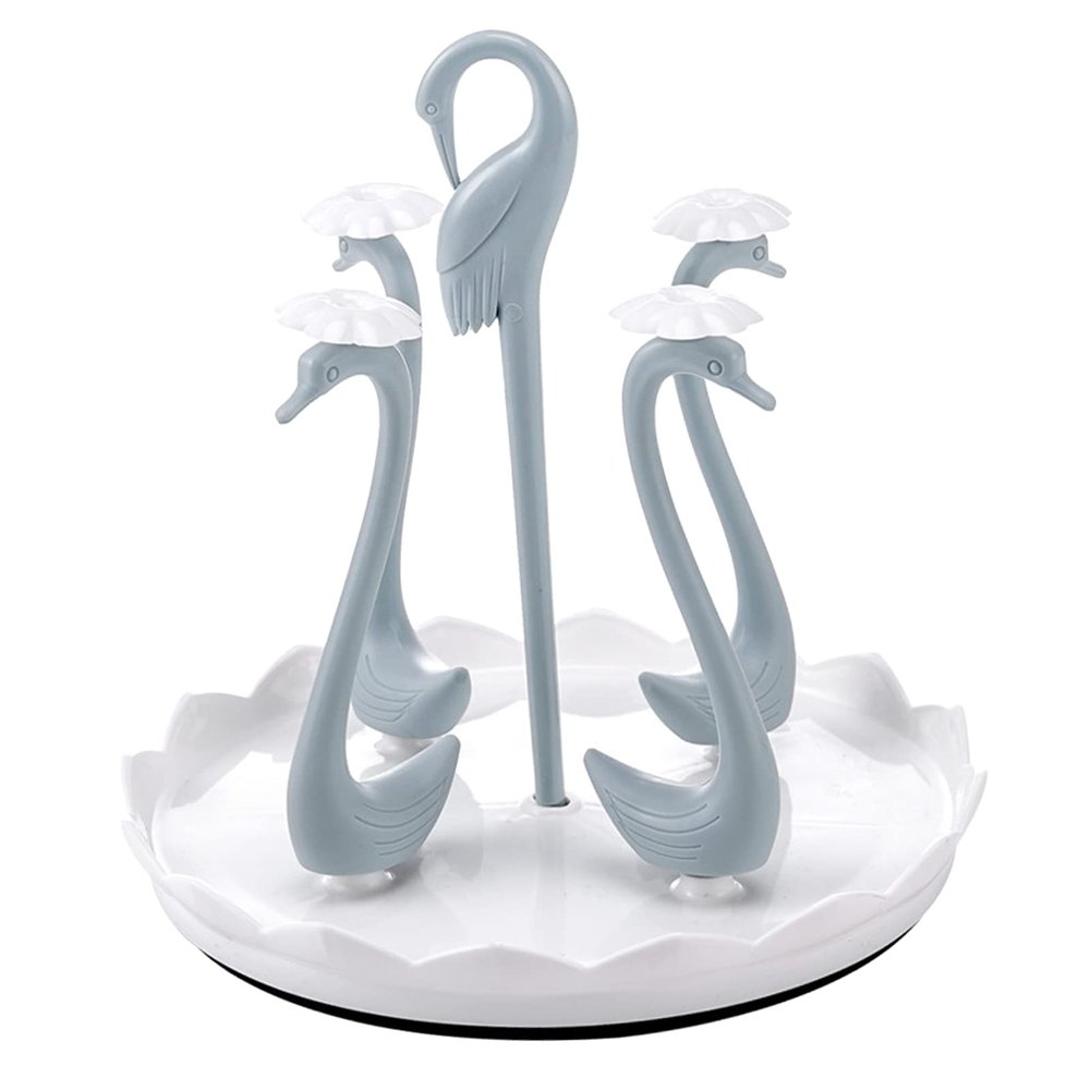 Zerodis Swan Cup Holder with Rotating Drip Tray Plastic Drinking Cup Drainer Stand Rack for Home Mug Dryer Rack with Drip Tray Drying Stand Holder for Kitchen Counter (Blue 4 Heads)