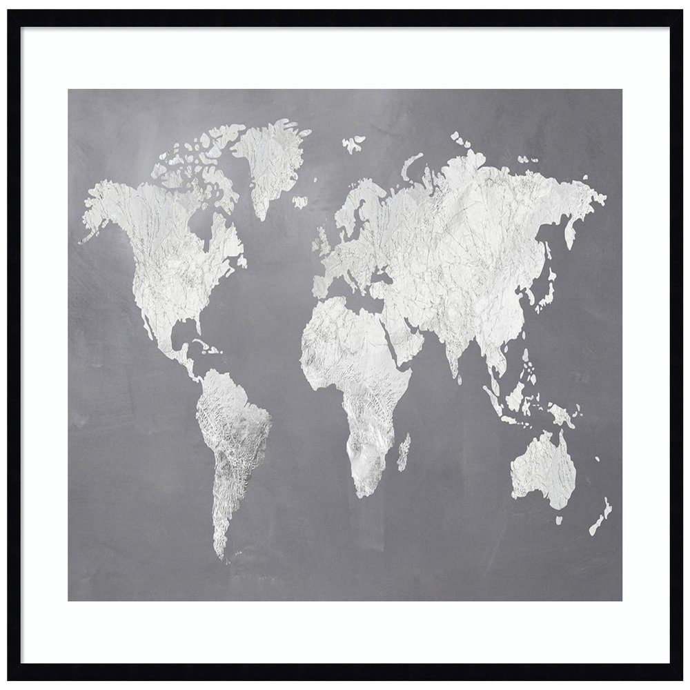 Amanti Art Framed Wall Art Print 31x41 Silver World by Design Fabrikken, Maps Wall Art, Modern Contemporary Decor, X-Large Poster Painting Artwork for Living Room, Bedroom, Bathroom, Kitchen, Office