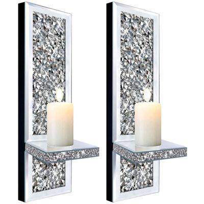 ZOLAPI Set of 2 Crystal Crush Diamond Candle Sconces, Gorgeous Silver Mirrored Wall Sconce, Candle Holder Glass Wall Decorations for Home Dcor, Living Room, Dining Room.