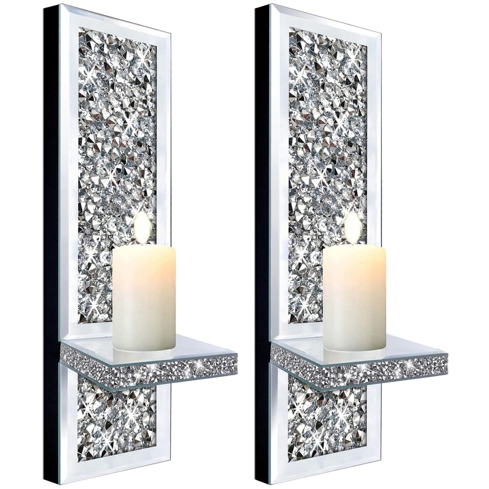 ZOLAPI Set of 2 Crystal Crush Diamond Candle Sconces, Gorgeous Silver Mirrored Wall Sconce, Candle Holder Glass Wall Decorations for Home Dcor, Living Room, Dining Room.