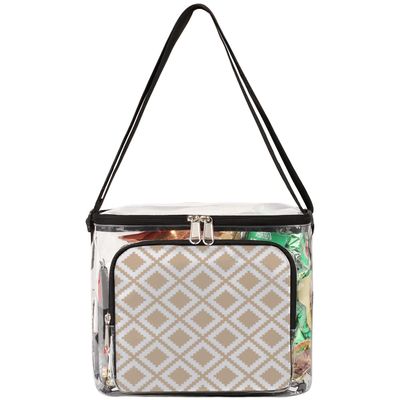 bisibuy Beige Rhombic Pattern Clear Lunch Bag Stadium Approved PVC Plastic See Through Lunch box with Adjustable Strap for Sports Events Concerts Office