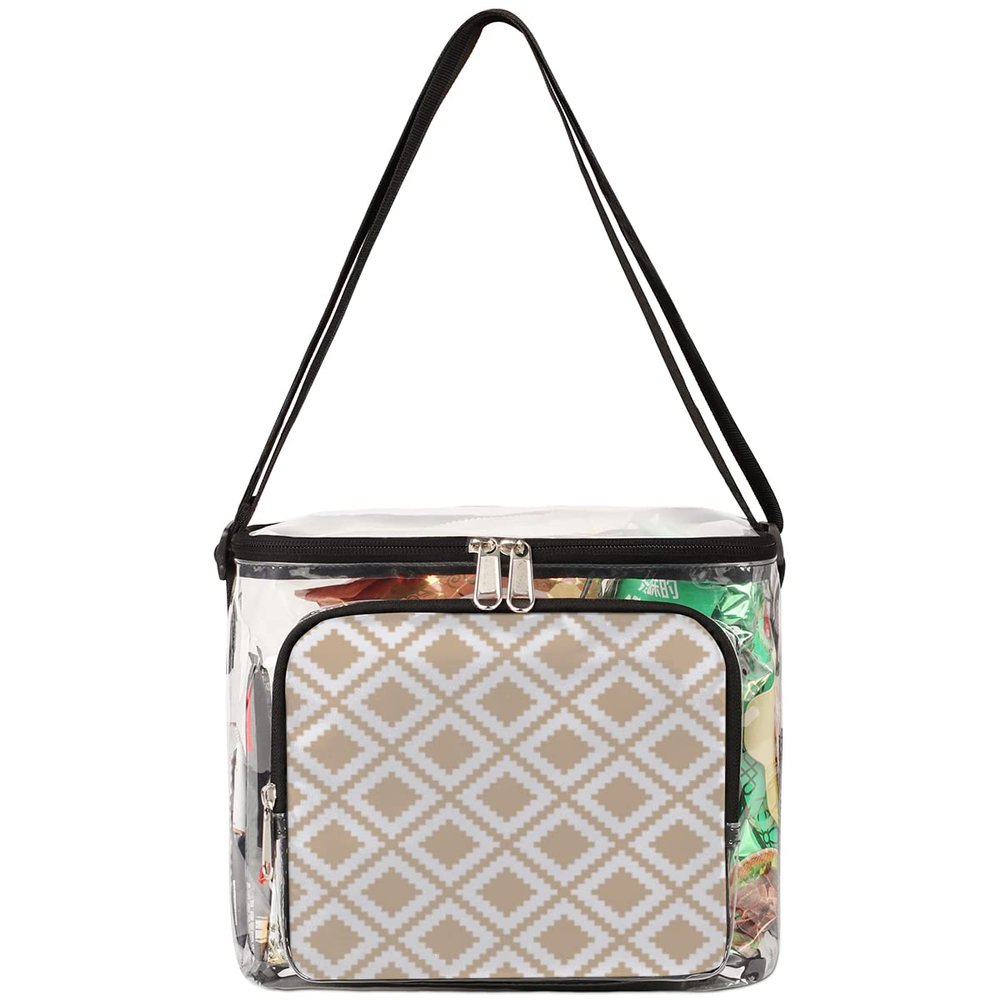 bisibuy Beige Rhombic Pattern Clear Lunch Bag Stadium Approved PVC Plastic See Through Lunch box with Adjustable Strap for Sports Events Concerts Office
