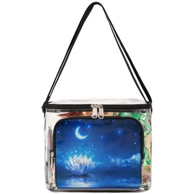 bisibuy Floral Waterlily Glitter Moon Star Clear Lunch Bag Stadium Approved PVC Plastic See Through Lunch box with Adjustable Strap for Sports Events Concerts Office
