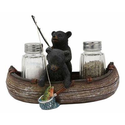 1 Set Of Rustic 2 Black Bears Fishing In Canoe Boat Salt Pepper Shakers Holder