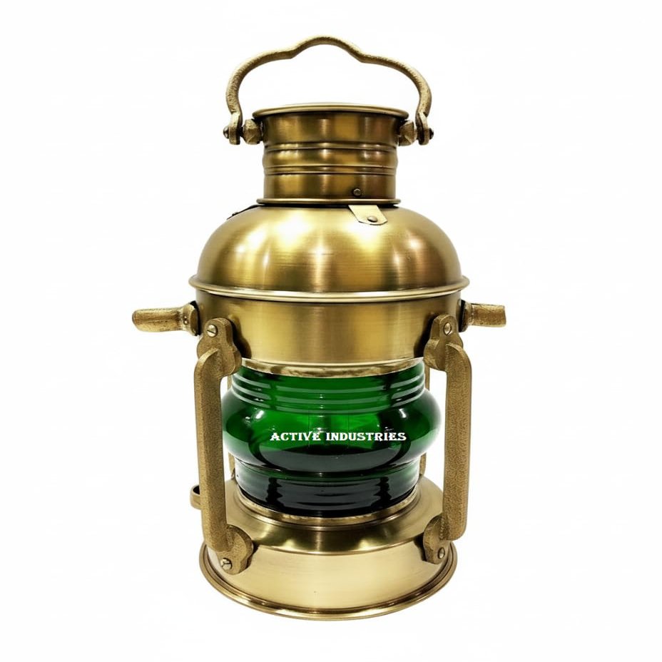 Vintage Brass Nautical Lantern with Green Glass Antique-Style Maritime Ship Lantern, Handmade Brass Electric Lamp for Home Decor, Office, Collectors, Coastal & Rustic Interiors