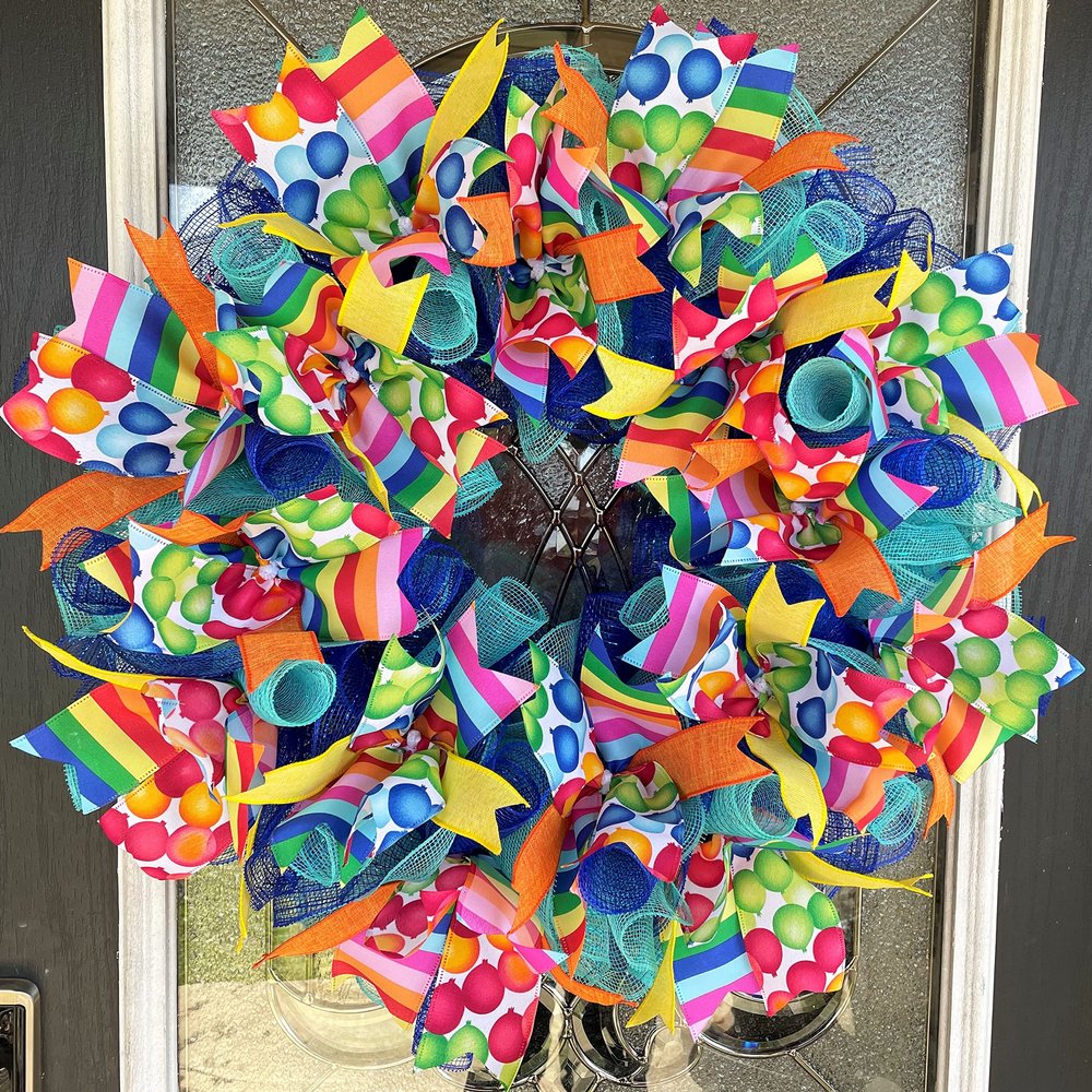 Birthday Balloon Party Deco Mesh Front Door Wreath Home Holiday Decor Fun Festive Summer Decor Indoor Outdoor
