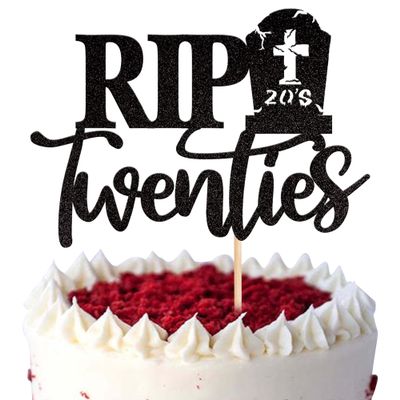 1 PCS Rip Twenties Cake Topper - Black Glitter Death to My Twenties Cake Pick - 20s Cake Decorations for Funeral Happy Youth 30th Birthday Party Supplies
