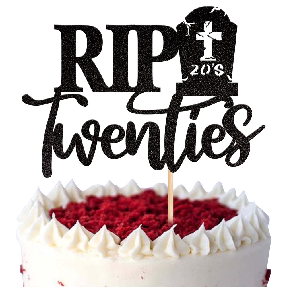 1 PCS Rip Twenties Cake Topper - Black Glitter Death to My Twenties Cake Pick - 20s Cake Decorations for Funeral Happy Youth 30th Birthday Party Supplies