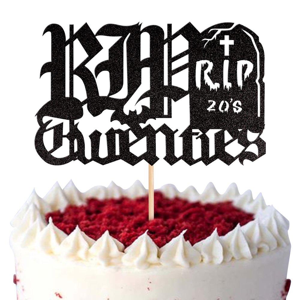 1 PCS Rip to My 20s Cake Topper - Black Glitter Death to My Twenties Cake Pick - Decorations for Youth Funeral Happy 30th Birthday Party Supplies