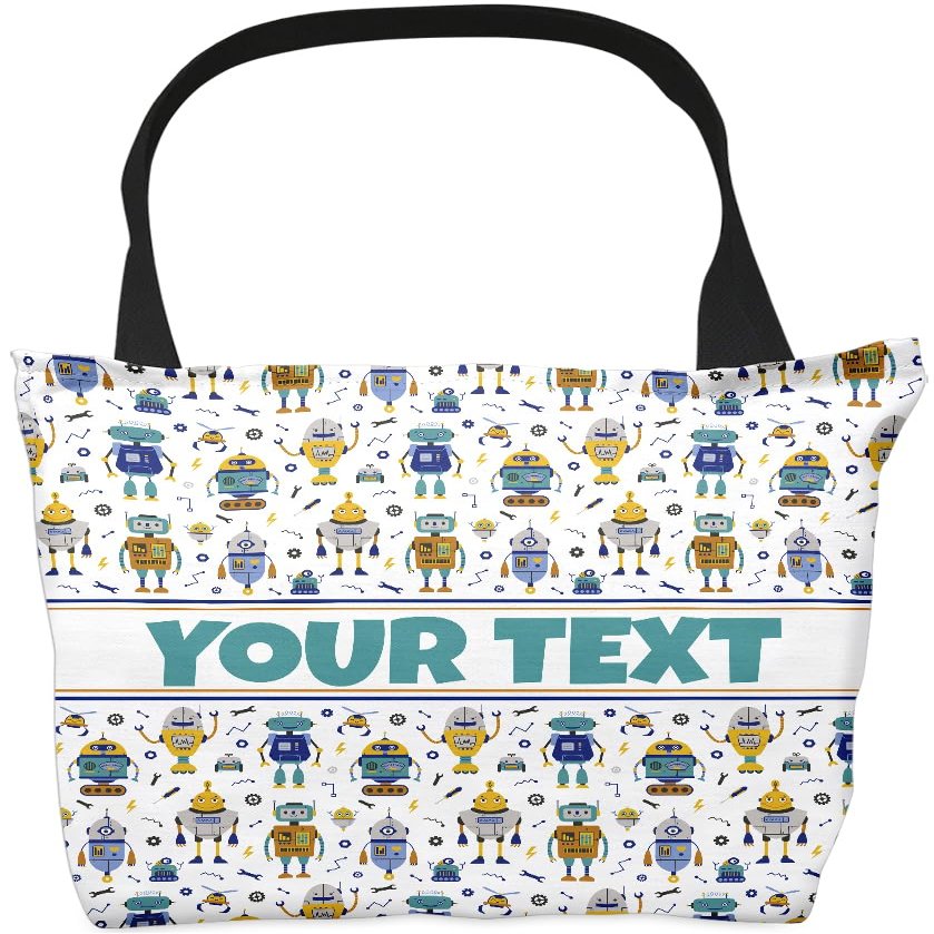 Bouncing Brick Designs Personalized Tote Bag - Robots, Custom Name/Text, Reusable w/Straps, Canvas Cloth Fabric, Customized Gift Idea, Birthday/Christmas/Holiday Present, 16x16