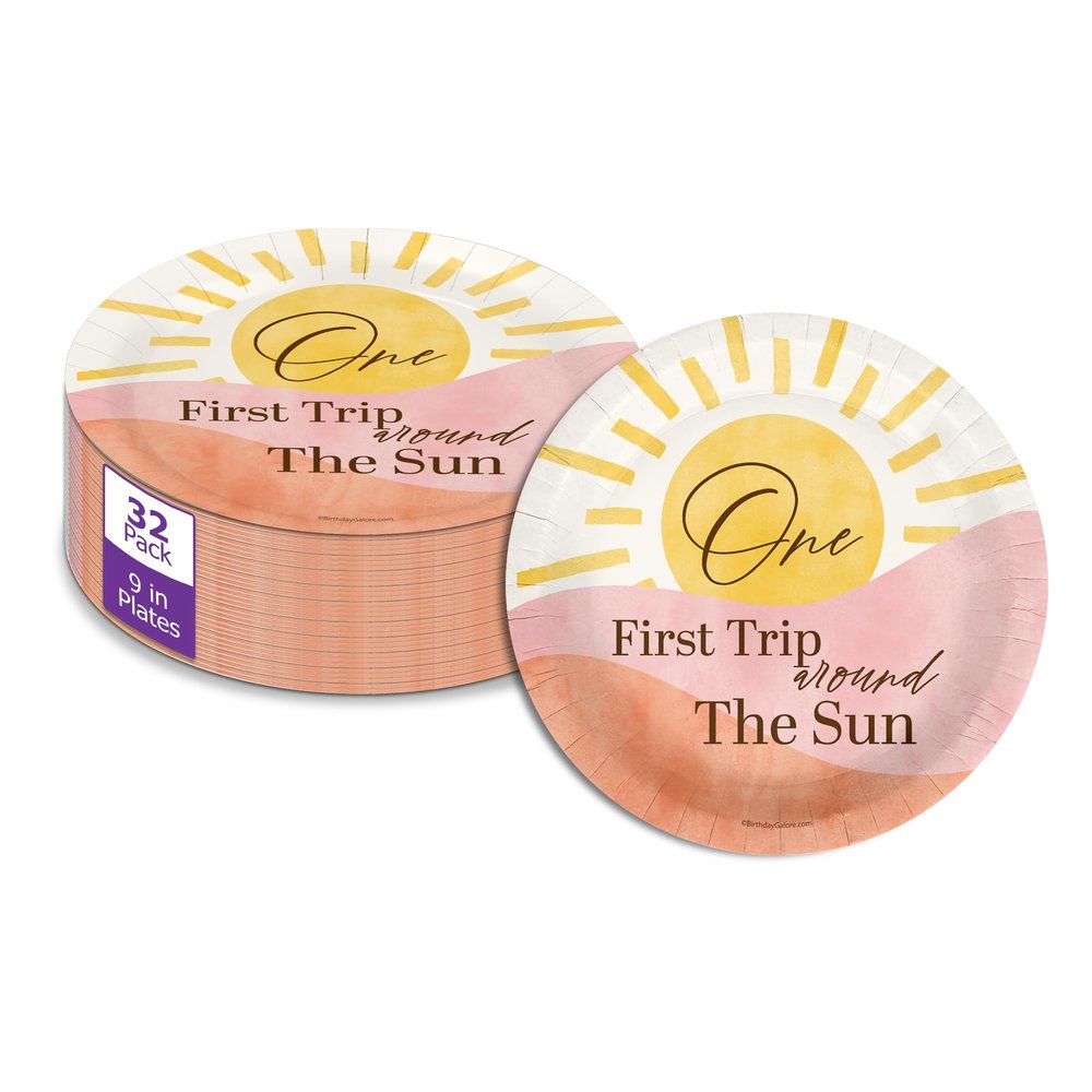 First Trip Around The Sun 1st Birthday - 32 Piece Disposable Party Supplies - Decorations for Girl's Sunshine 1st Birthday Round Party Plates - Large 9" Paper Plates In Bulk
