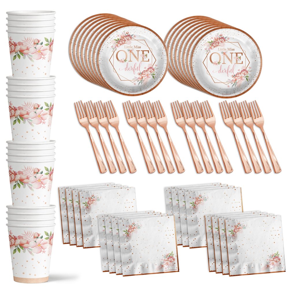Birthday Galore Little Miss Onederful Themed Party Supplies for Girls, Kids and Adults - Ideal Colorful Decoration Tableware Celebration Set with Plates, Napkins, Cups and Includes Forks - Kit for 16