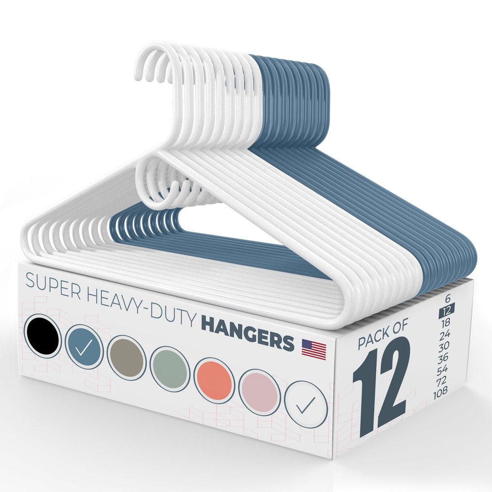 Neaties Super Heavy Duty Clothes Hangers 12 Pack Made in the USA - 10lb Capacity, Thick Plastic Hangers for Pants, Coats, Jackets, Jeans and Adult Clothing White & Blue