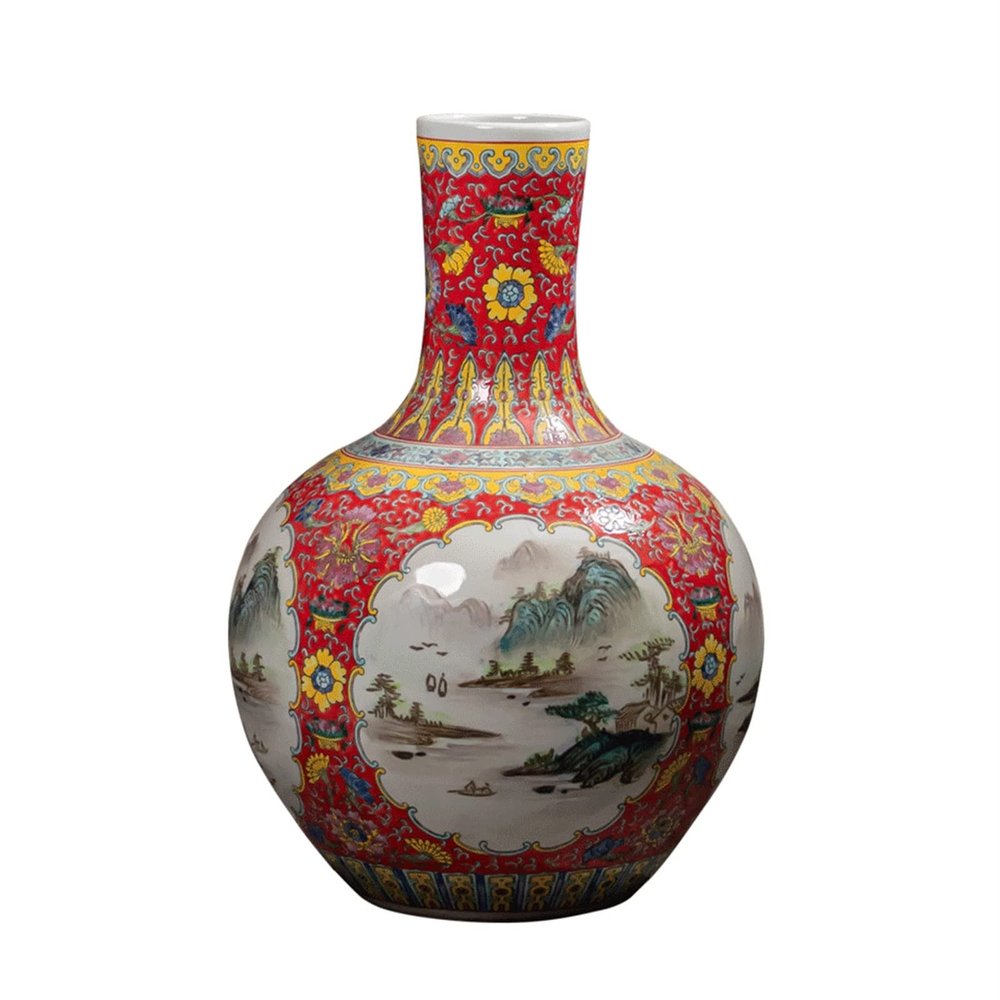 DYPASA Dry Flower Arrangement Ceramic Vase New Chinese Style Enamel Painted Porcelain Flower Vase 21.6 Inch Large Decor Stoneware Vases Home Living Room Hotel Decoration Ornament Flower Vase