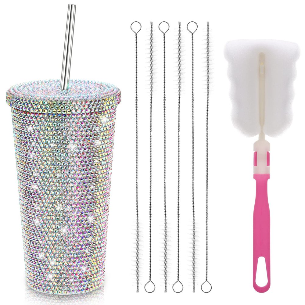 Mezchi Bling Cup with Rhinestone, 17 Oz Sparkly Tumbler with Lid, Stainless Steel Glitter Thermal Drinking Water Bottle with 1 Pcs Brush 6 Pcs Straw Brushes Bling Gift for Girls Women
