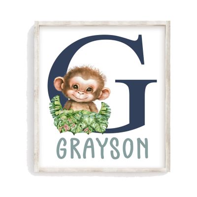 Personalized Monkey Watercolor Safari Floral Baby Nursery Unframed Print - Baby Name Letter Initial Monogram