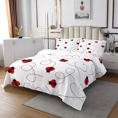 3 Piece Kawaii Ladybug Quilt Bedding Set Women Aldult Lightweight Bedding Geometric Wave Point Bedspread Set Red and Black Bedspread Coverlet Soft Microfiber Home Quilt Set for King Bed All Season