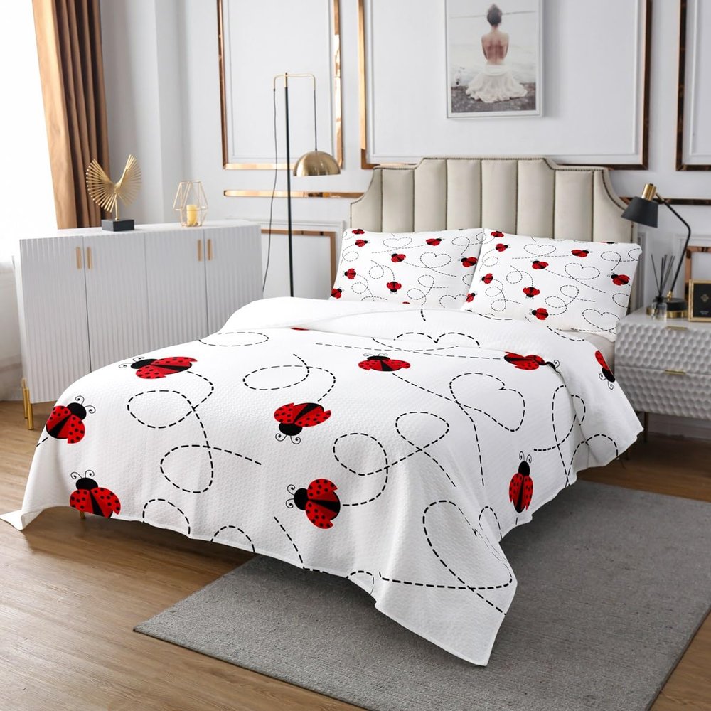 3 Piece Kawaii Ladybug Quilt Bedding Set Women Aldult Lightweight Bedding Geometric Wave Point Bedspread Set Red and Black Bedspread Coverlet Soft Microfiber Home Quilt Set for King Bed All Season