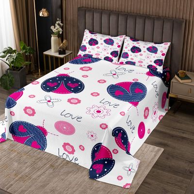 3 Piece Cute Ladybug Quilt Bedding Set Women Aldult Lightweight Bedding Cherry Blossoms Bedspread Set Pink and Navy Bedspread Coverlet Soft Microfiber Home Quilt Set for King Bed All Season