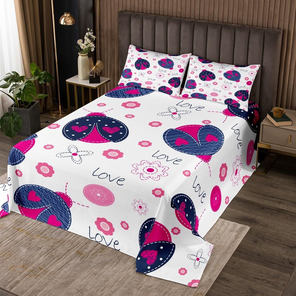 3 Piece Cute Ladybug Quilt Bedding Set Women Aldult Lightweight Bedding Cherry Blossoms Bedspread Set Pink and Navy Bedspread Coverlet Soft Microfiber Home Quilt Set for King Bed All Season