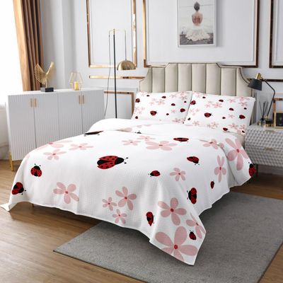 3 Piece Cute Ladybug Quilt Bedding Set Women Aldult Lightweight Bedding Red and Black Bedspread Set Pink Floral Bedspread Coverlet Soft Microfiber Home Quilt Set for King Bed All Season