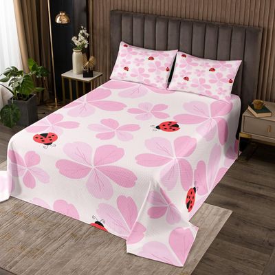 3 Piece Red Ladybug Quilt Bedding Set Women Aldult Lightweight Bedding Pink Flowers Bedspread Set Cherry Blossoms Bedspread Coverlet Soft Microfiber Home Quilt Set for King Bed All Season