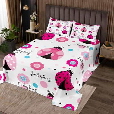 3 Piece Kawaii Ladybug Quilt Bedding Set Women Aldult Lightweight Bedding Flowers and Plants Bedspread Set Pink and Blue Bedspread Coverlet Soft Microfiber Home Quilt Set for King Bed All Season
