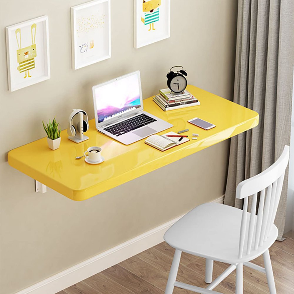 FERFXN Wall-Mounted Drop-Leaf Foldable Table, Space Saving Laptop Desk, Premium Material, Floating Folding Table, Sturdy Hanging Table for, Study, Bedroom 50x120cm/20x47in(WxL) Yellow