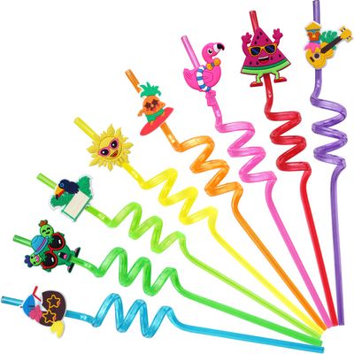48pcs Hawaiian Drinking Straws, Beach Pool Party Favors, Luau Reusable Pineapple Tiki Flamingo Watermelon Coconut Plasitc Drinking Straws for Hello Summer Party Tropical Party Supplies