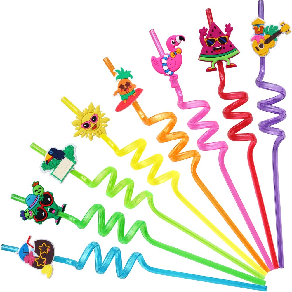 48pcs Hawaiian Drinking Straws, Beach Pool Party Favors, Luau Reusable Pineapple Tiki Flamingo Watermelon Coconut Plasitc Drinking Straws for Hello Summer Party Tropical Party Supplies