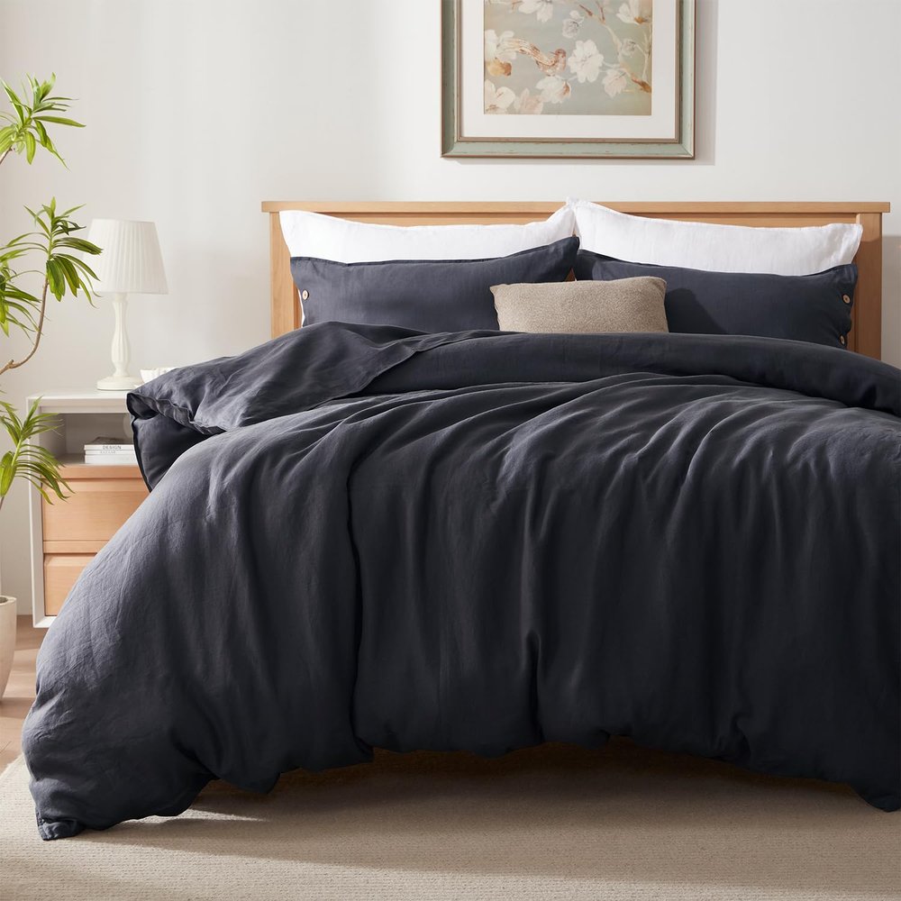TOSMO 100% Linen Duvet Cover Set with Button Closure, 2 Pieces (1 Duvet Cover with 1 Pillow Case), Soft Breathable Durable Farmhouse Bedding - Twin, Charcoal Grey