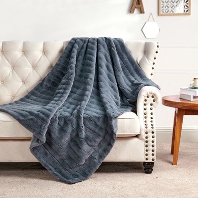 Home Soft Things Willow Striped Faux Fur Throw Blankets, Grey, 50" x 60", Super Soft Cozy Warm Comfortable Throw for Living Room Couch Bed Chair Bedroom Home Dcor