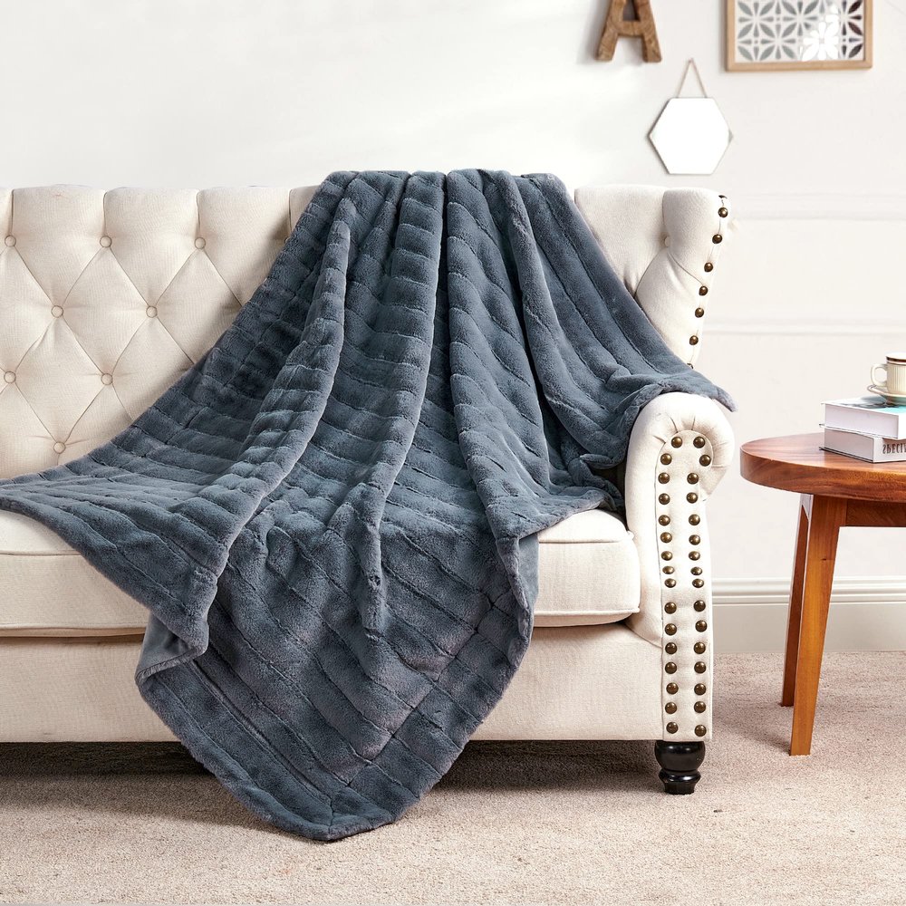 Home Soft Things Willow Striped Faux Fur Throw Blankets, Grey, 50" x 60", Super Soft Cozy Warm Comfortable Throw for Living Room Couch Bed Chair Bedroom Home Dcor
