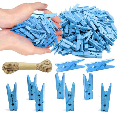 1.35 Inch Mini Clothes Pins for Photo100 Pcs with 32 Feet Jute Twine, Mini Clothes Pins for Crafts, Wooden Small Clothespins for Pictures, Tiny Decorative Clothespins for Baby Shower (Blue)