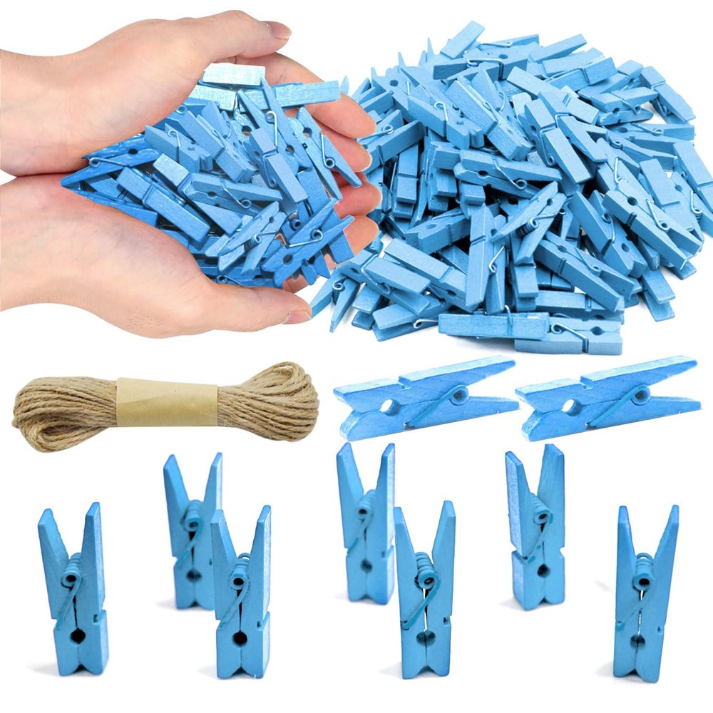 1.35 Inch Mini Clothes Pins for Photo100 Pcs with 32 Feet Jute Twine, Mini Clothes Pins for Crafts, Wooden Small Clothespins for Pictures, Tiny Decorative Clothespins for Baby Shower (Blue)