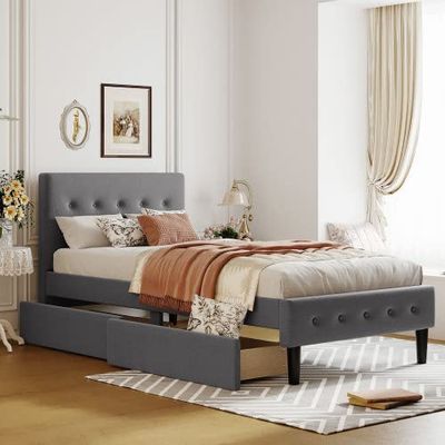 Anwickmak Twin Size Upholstered Platform Bed with 2 Storage Drawers and Headboard, Modern Twin Bed Frame Single Bed Frame for Boys Girls Kids Teens, Wood Slat Support, No Box Spring Needed (Gray)